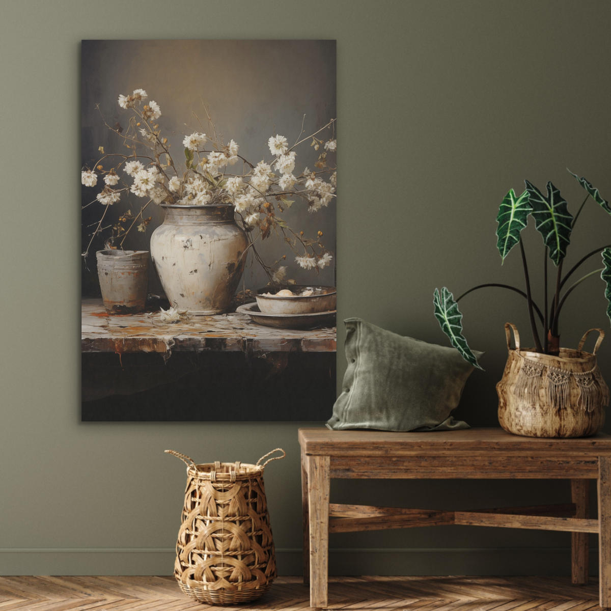 AKUSTICKÝ OBRAZ Zátišie - Kvety - Kytica - Váza - Víno 60x90 cm - čierna, plast (60/90/0.9cm) - MuchoWow