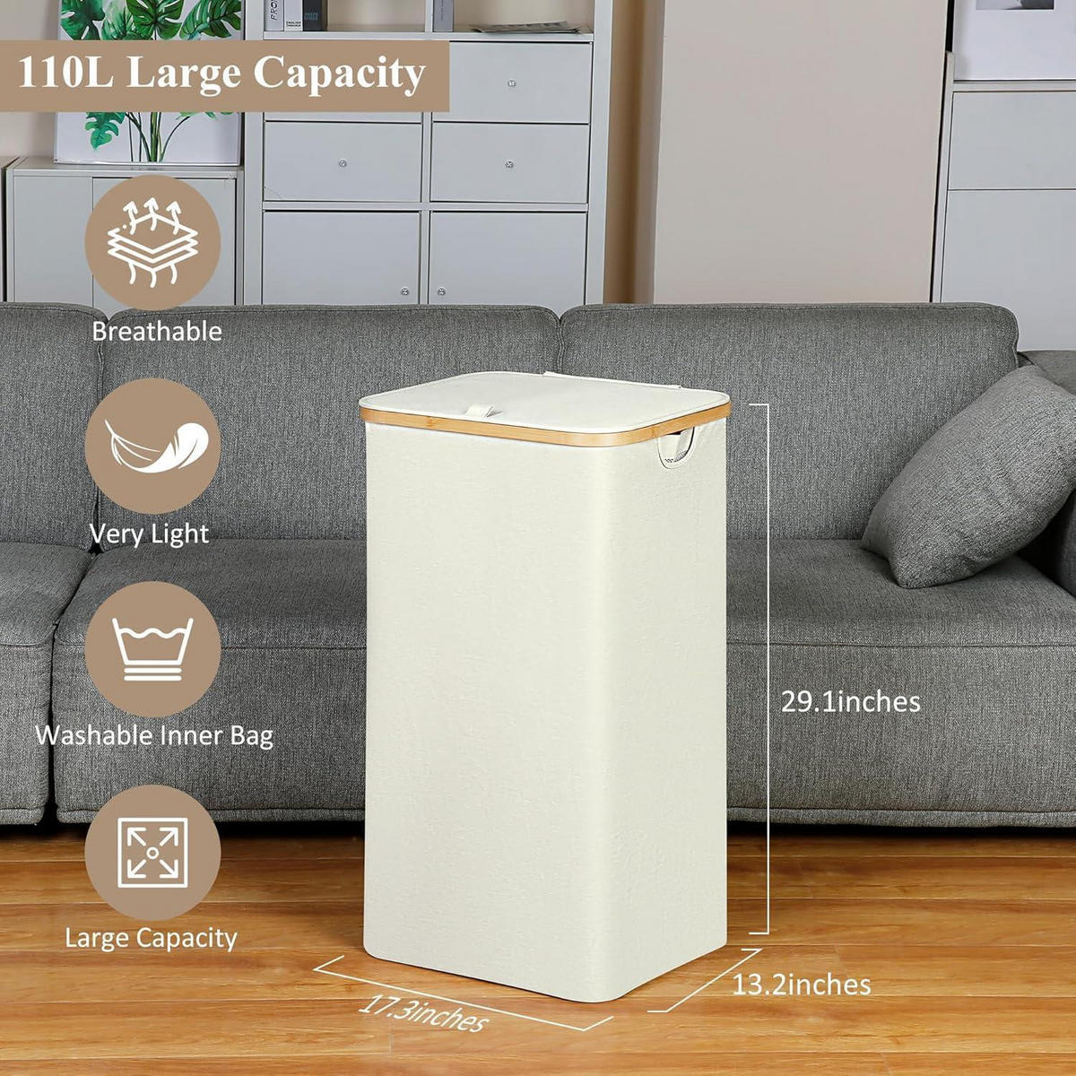 WÄSCHEKORB mit Deckel 110L Beige - Beige, Textil (33/74/44cm)