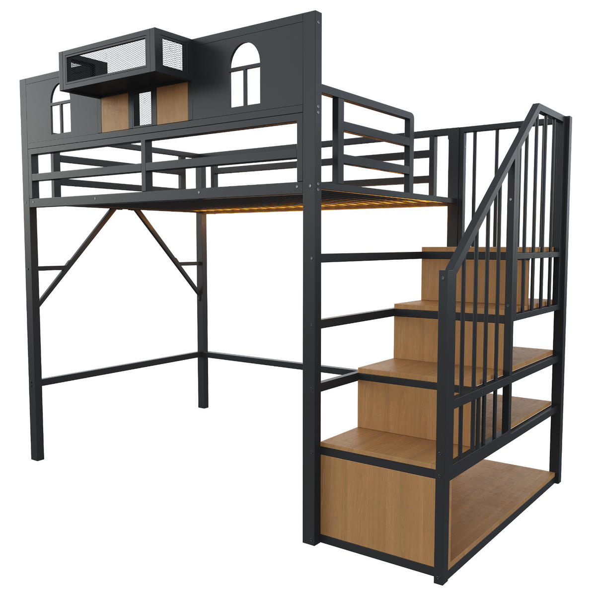 HOCHBETT 90/200 cm Schwarz mit Stautreppen, Lichtleisten und Staufächer - Schwarz, Metall (90/200cm) - Oxeza