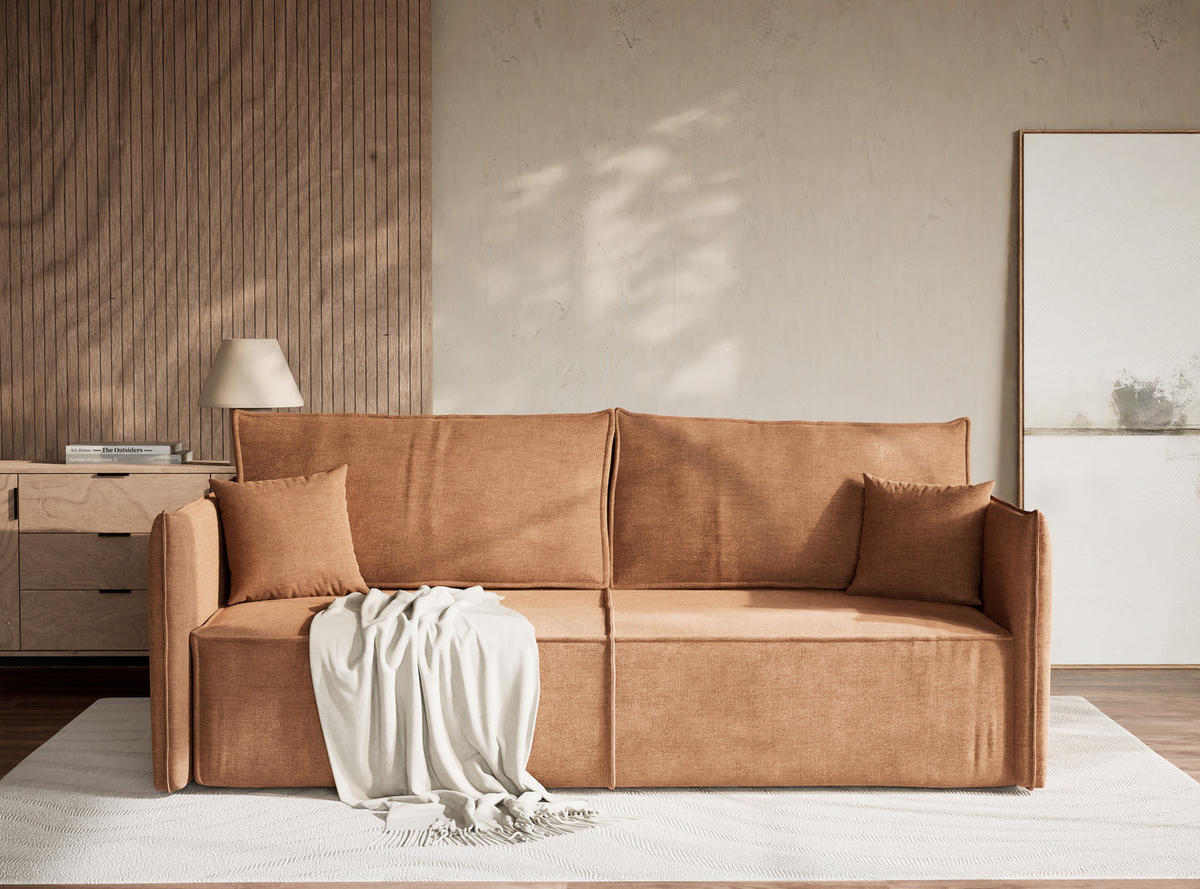 SOFA MIT SCHLAFFUNKTION Obra Hellbraun Chenille-Stoff - Hellbraun/Schwarz, Holz/Holzwerkstoff (220/70/107cm) - Maison de Reve