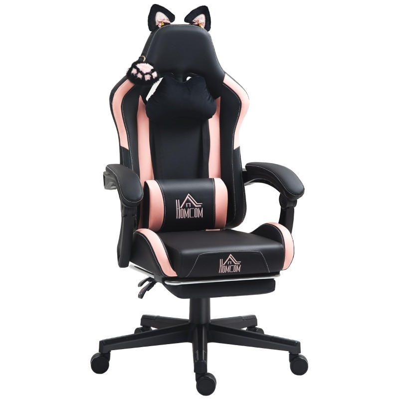 GAMING Stuhl mit Katzenohren, Lendenwirbelstütze, Fußstütze, Kopfkissen, höhenverstellbar, Liegefunktion Schwarz-Rosa - Schwarz, Leder (62/116/65cm) - BRILVERDE