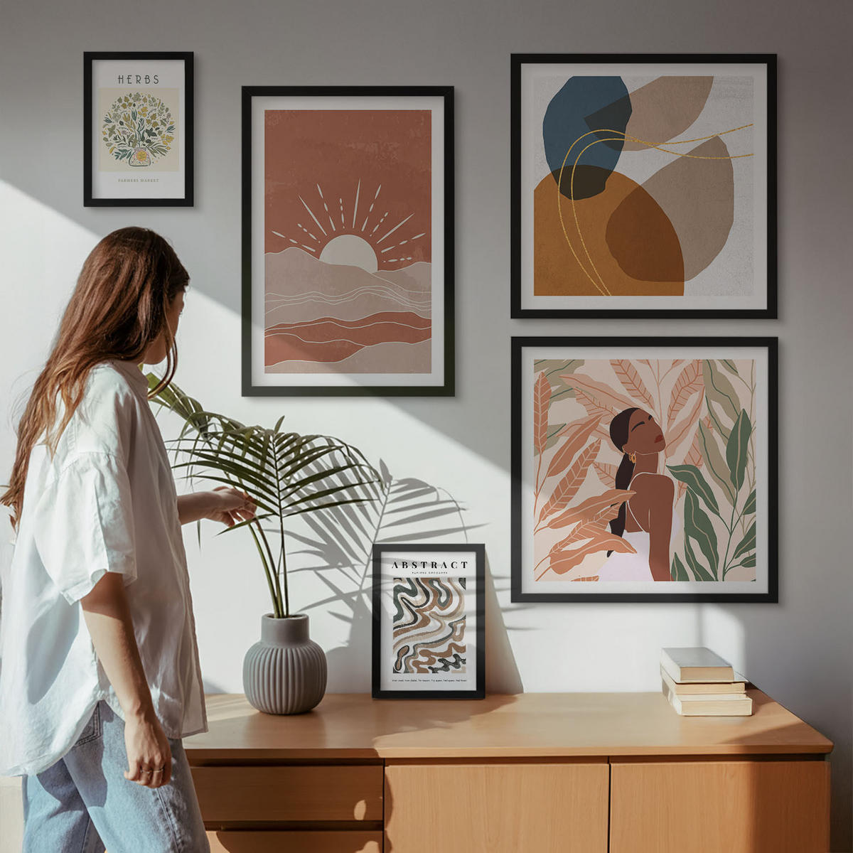 BILDER SET 5er Set - 50x50 cm & 20x30 cm & 40x60 cm Schwarzer Rahmen - Boho-Ästhetik, Pastellposter - Schwarz, Kunststoff (40/60cm) - TULUP