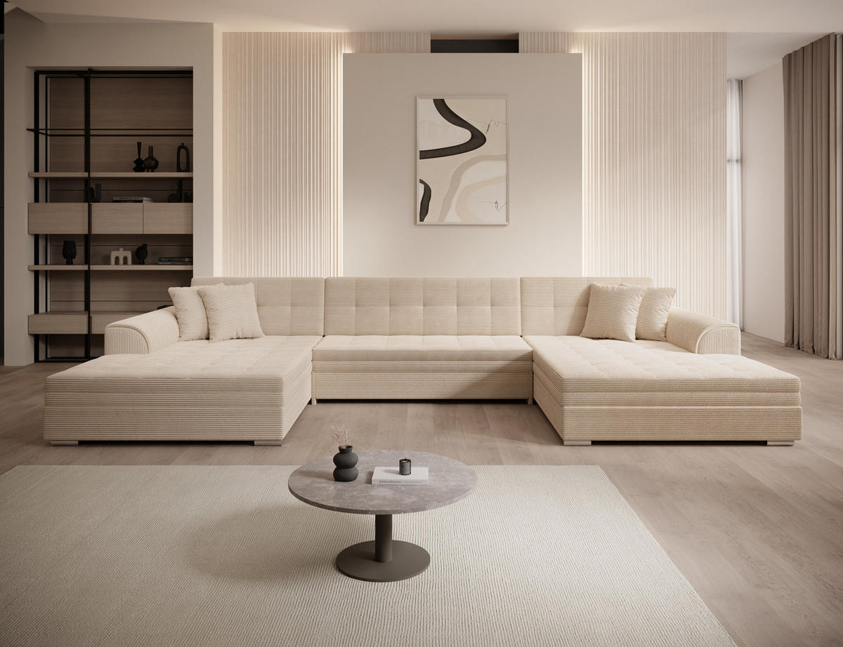 WOHNLANDSCHAFT VENTO U-Form – Großzügiges Ecksofa mit Schlaffunktion & Kissen 359 cm - Beige, Kunststoff (359/165cm) - Wohnideebilder