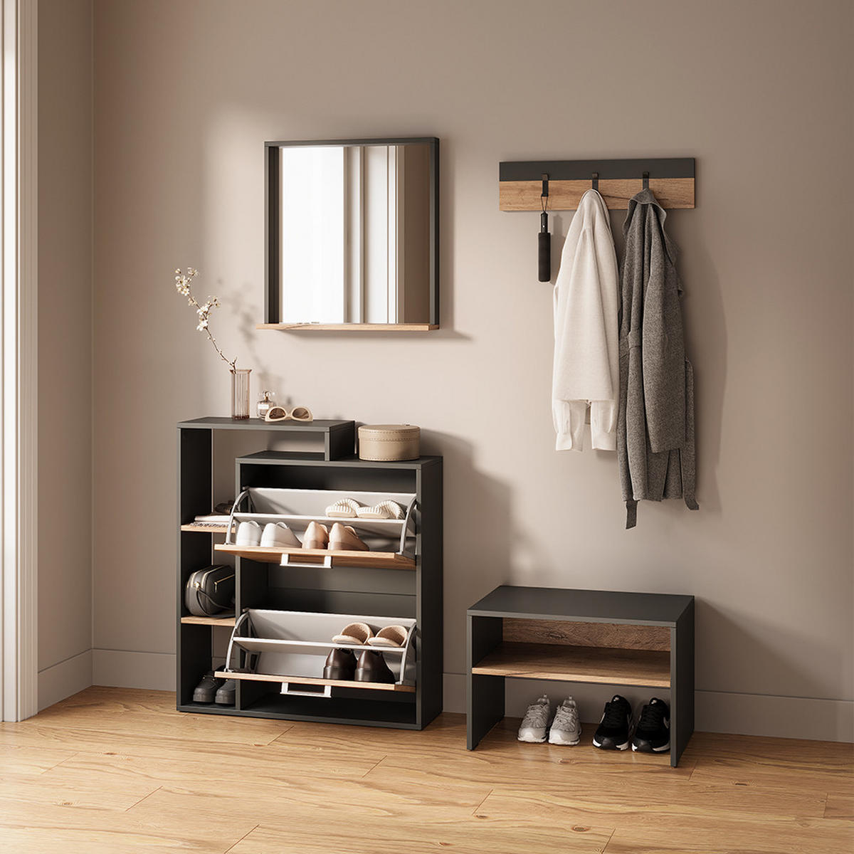 SCHUHKIPPER Ortello Goldkraft Eiche/Anthrazit 24.5 x 90 cm 2 Fächern - Honigeiche/Anthrazit, Holzwerkstoff (24.5/90/80cm) - Livinity®