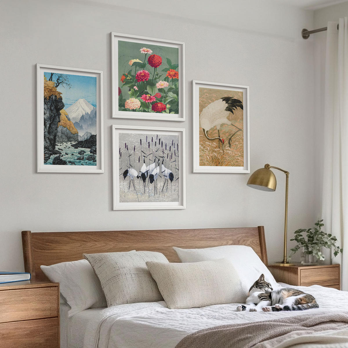 WANDBILDER 4er-Set - 50x50 cm & 40x60 cm Weißer Rahmen - Berge, Fluss, Blumen, Kraniche - Weiß, Kunststoff (50/50cm) - ArtPrintCave