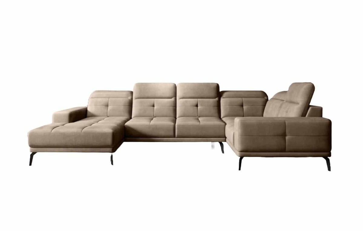 WOHNLANDSCHAFT mit Sitztiefenverstellung, wasserabweisender Nube-Stoff der Spitzenklasse - Hellbraun/Schwarz, Textil/Metall (210/77/350cm) - Eltap