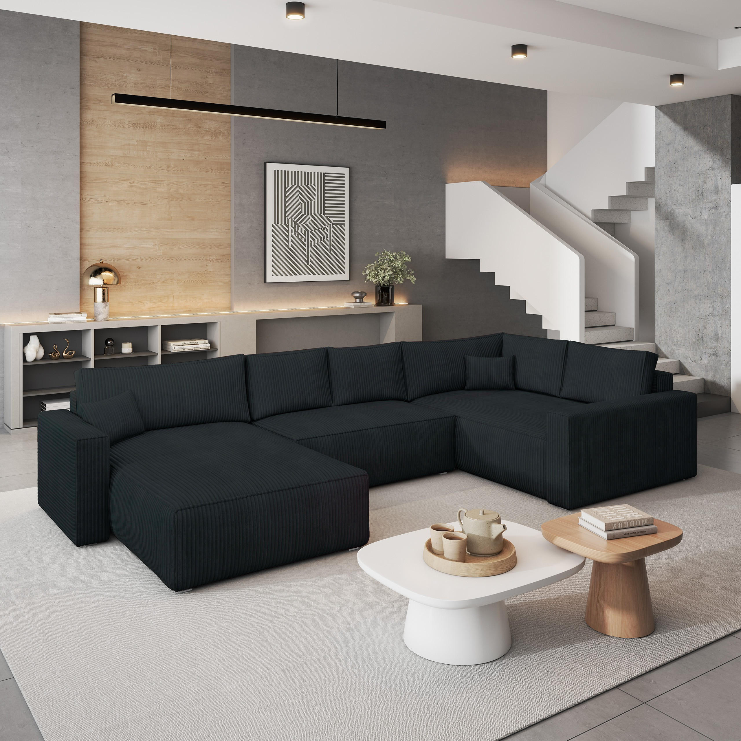 WOHNLANDSCHAFT VELAMI R-S Schwarz Kordstoff mit Schlaffunktion - Schwarz, Holz (365/83/194cm) - MASSENO