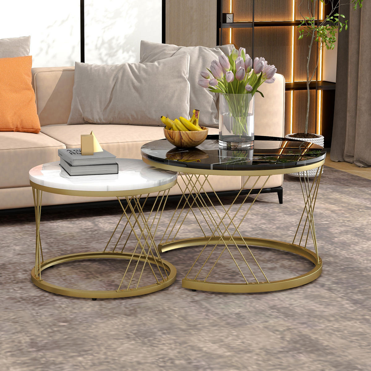 COUCHTISCH in Schwarz und Weiß Nesting-Kaffeetisch, Satz von 2, für Wohnzimmer, B70/T70/H45cm - Goldfarben/Schwarz, Holzwerkstoff/Metall (70/70/45cm) - STILVORA