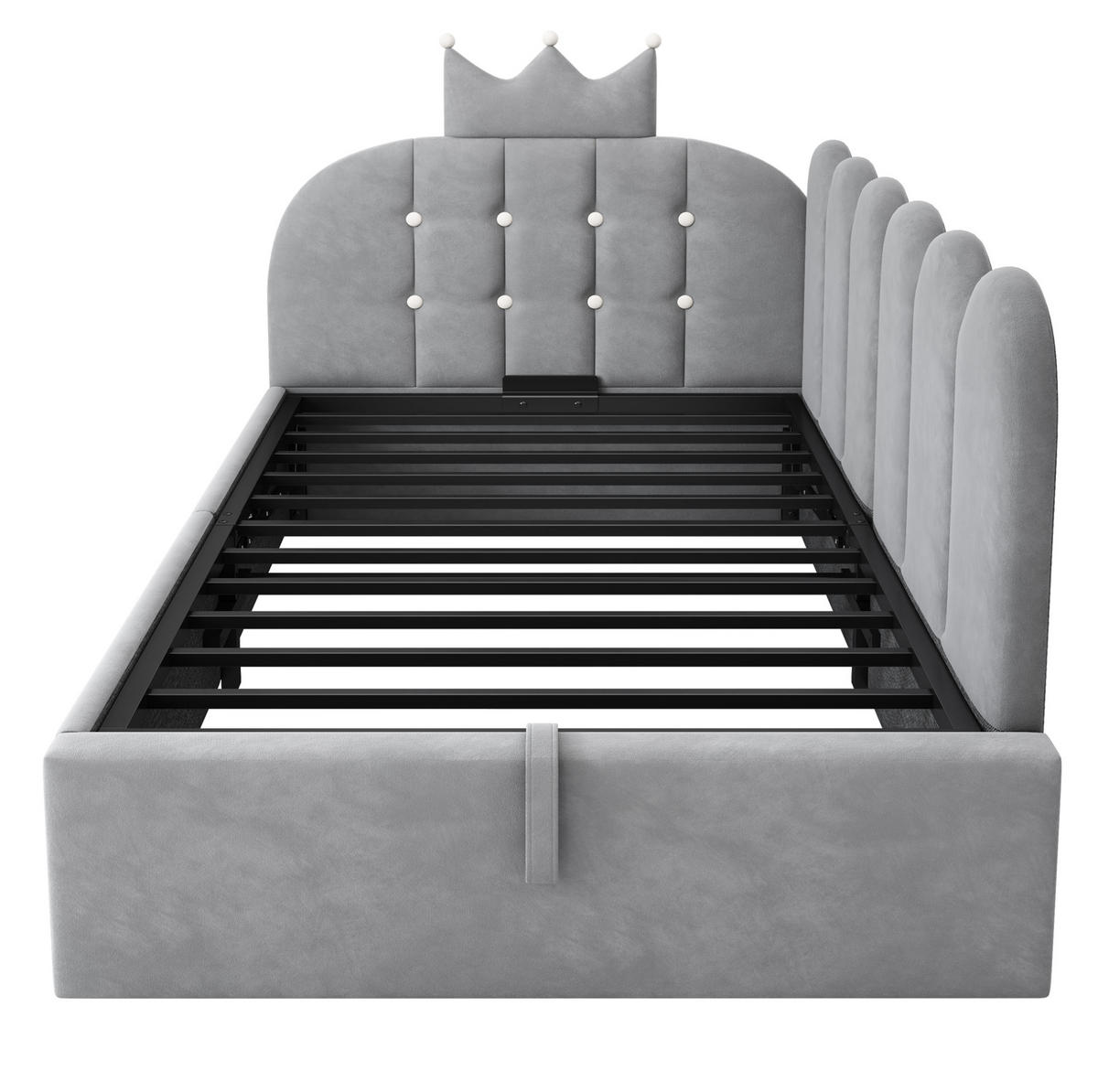 KINDERBETT Polsterbett 90/190 cm aus Samt mit Stauraum und Kronen-Gitter-Design Grau - Grau, Textil (90/190cm) - Modenvie