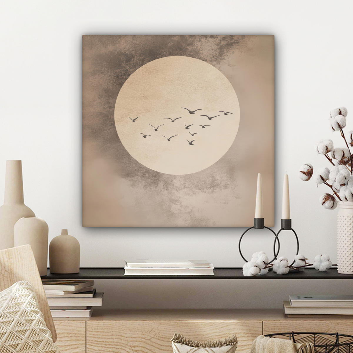 LEINWANDBILD Vogel - Beige - Japanisch Wandbild Wohnzimmer 50x50 cm - Taupe, Textil (50/50cm) - MuchoWow