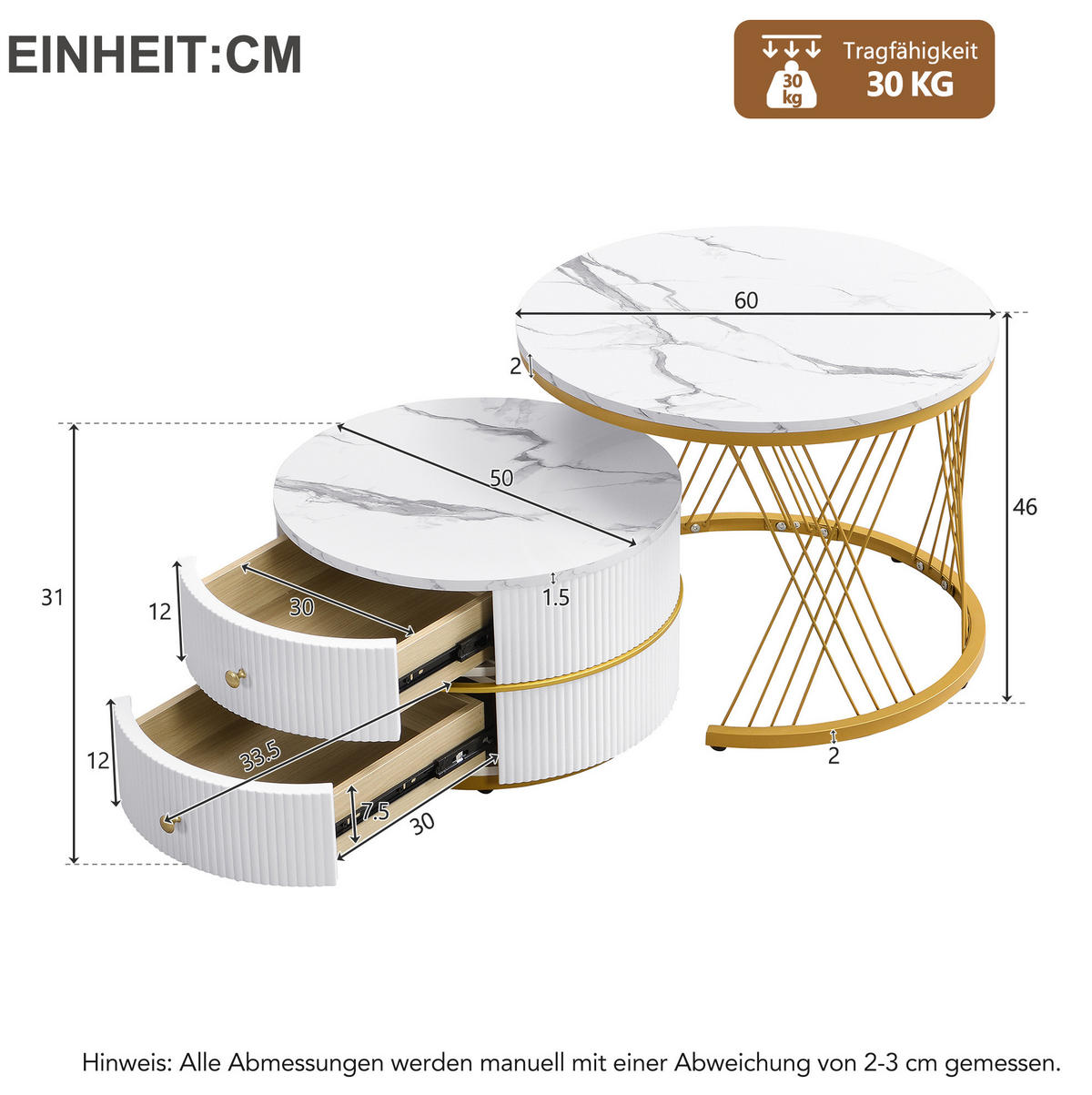 COUCHTISCH-SET 60/60/46 & 50/50/30,8 cm in Weiß mit Marmoroptik und 2 Schubladen - Weiß, Holzwerkstoff (60/60/46cm) - Flora Grace