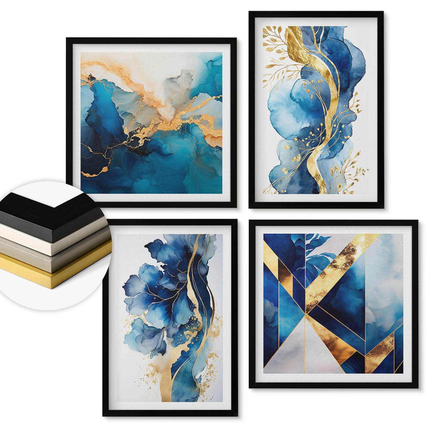 WANDBILDER 4er-Set - 50x50 cm & 40x60 cm Schwarzer Rahmen - Blaue abstrakte Muster - Schwarz, Kunststoff (50/50cm) - ArtPrintCave