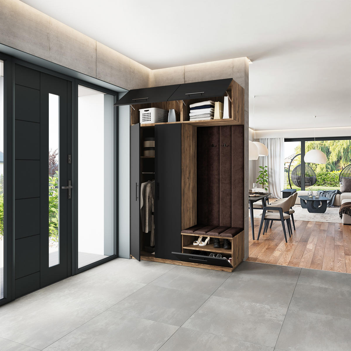 GARDEROBENSCHRANK REMA 150/240/60 cm Modern Garderobe-Set Eiche Lefkas - Eichefarben/Schwarz, Holzwerkstoff (150/240/60cm) - MASSENO