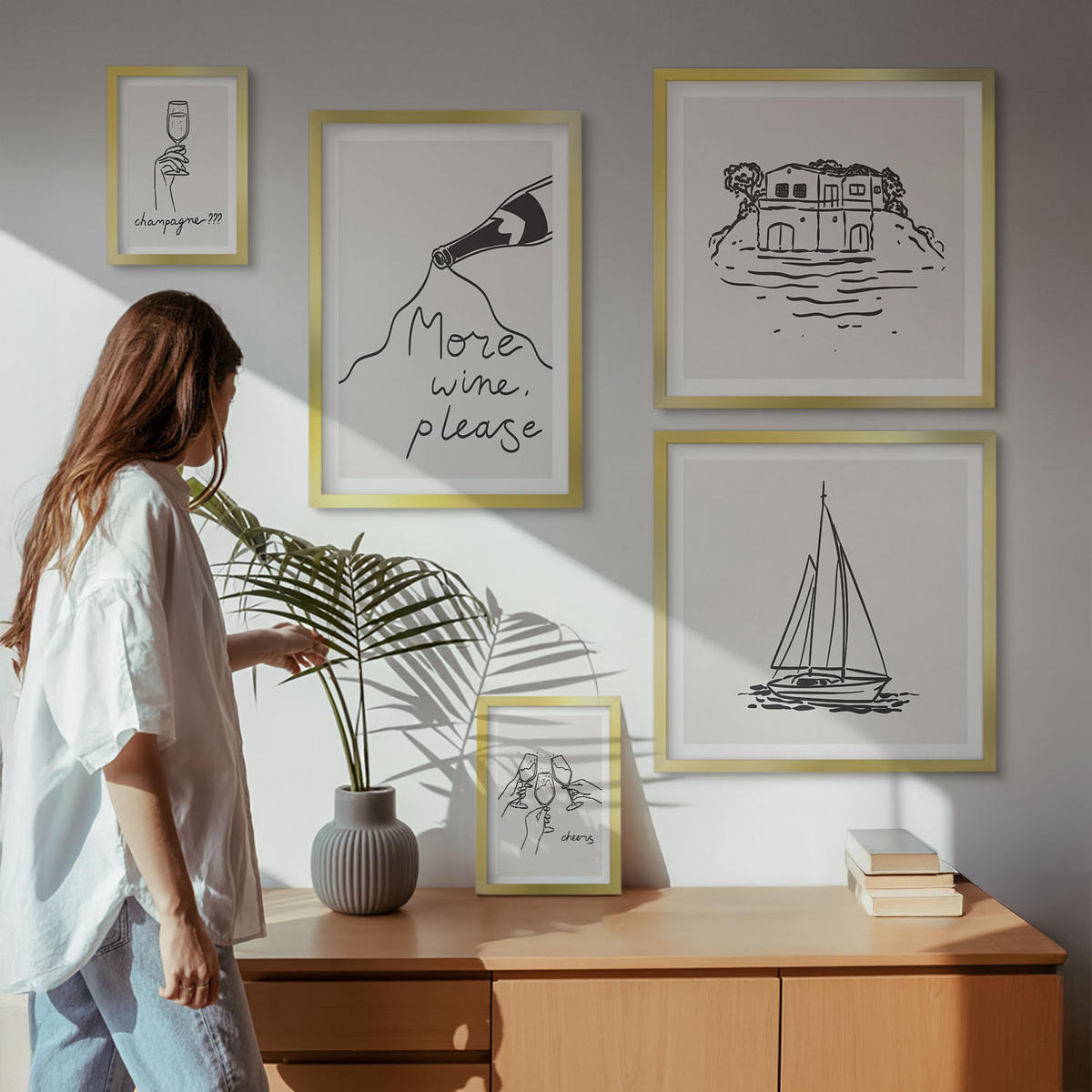 BILDER SET 5er Set - 50x50 cm & 20x30 cm & 40x60 cm Goldrahmen - Fröhliche Momente mit Champagner - Goldfarben, Kunststoff (40/60cm) - TULUP