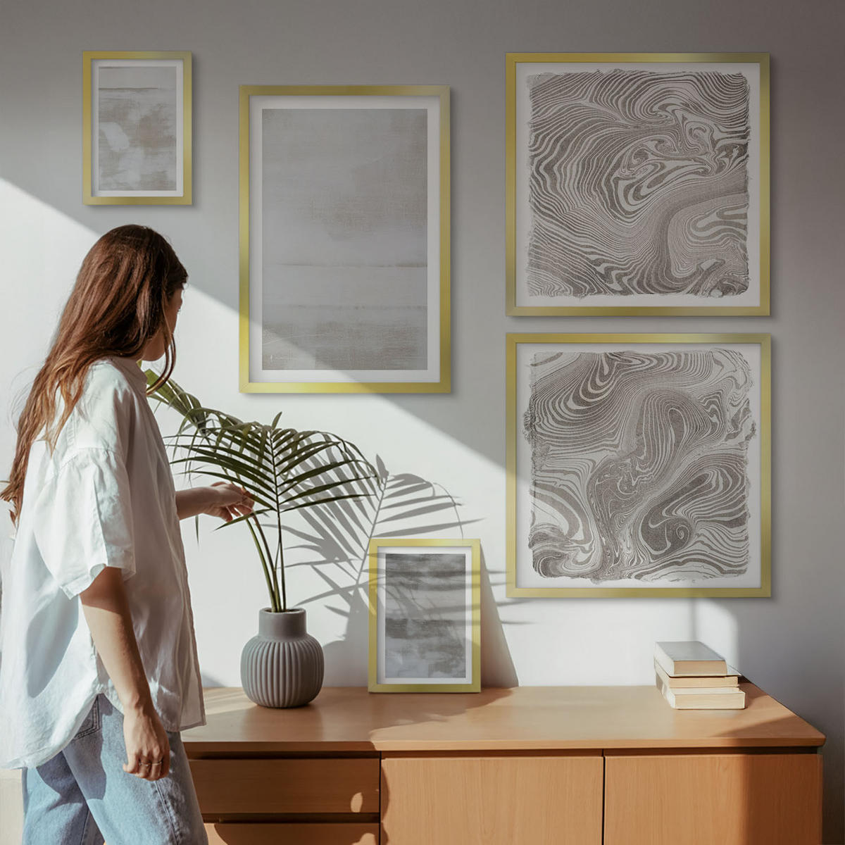 BILDER SET 5er Set - 50x50 cm & 20x30 cm & 40x60 cm Goldrahmen - Abgenutzte Texturen, moderner Stil - Goldfarben, Kunststoff (40/60cm) - TULUP