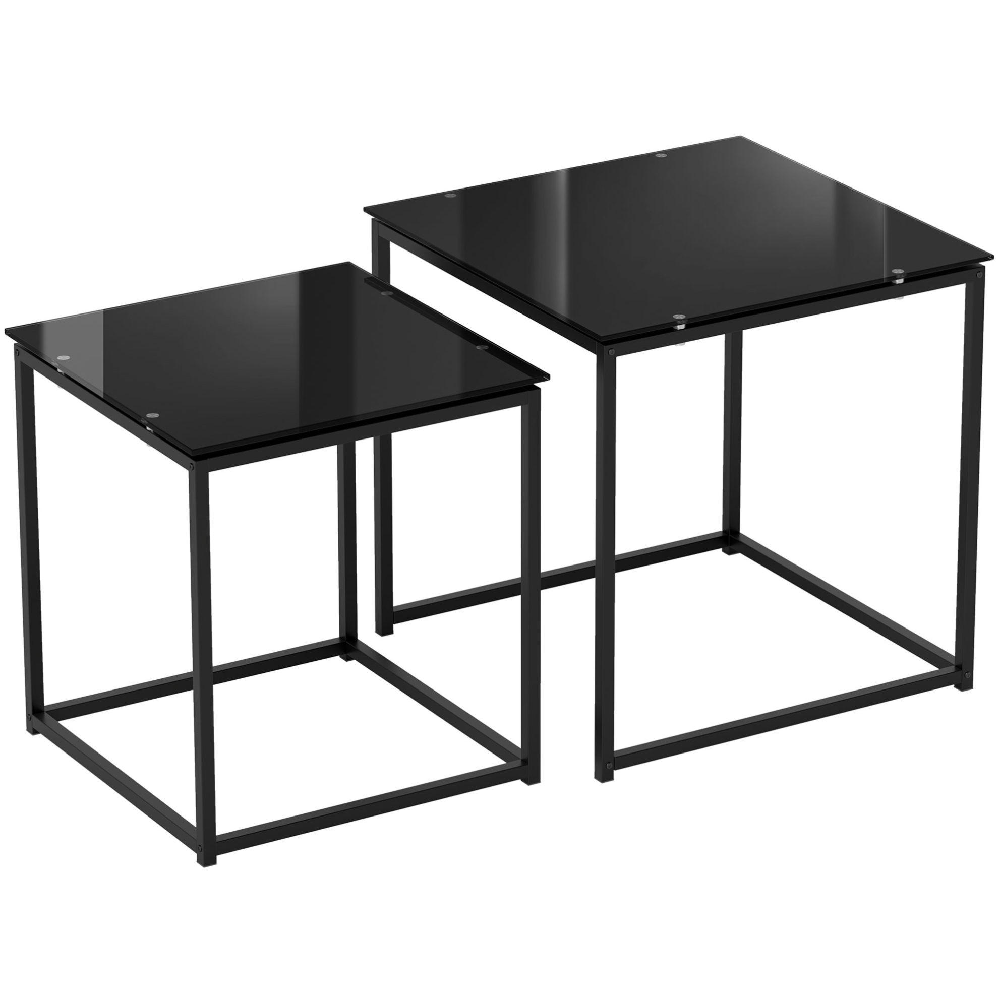 BEISTELLTISCH-2ER-SET 50/50/52 cm und 42/42/42 cm, stapelbar mit Glasplatte und Stahlrahmen, Schwarz - Schwarz, Metall (50/50/52cm) - Redom