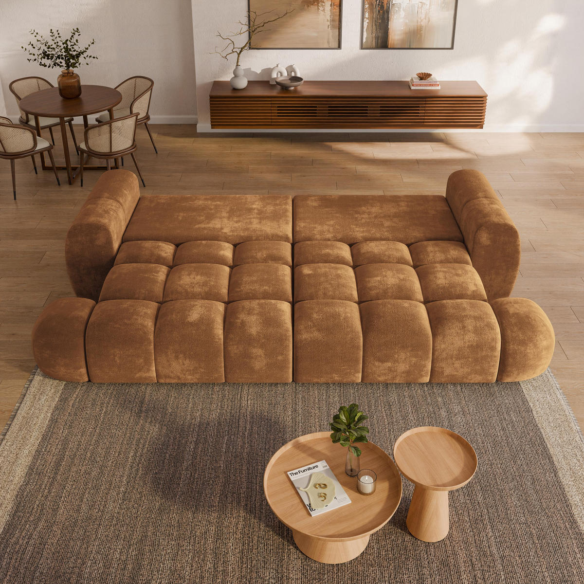 BETTSOFA DAFNE Hellbraun Chenille-Stoff mit Schlaffunktion - Hellbraun, Textil (300/88/113cm) - MASSENO