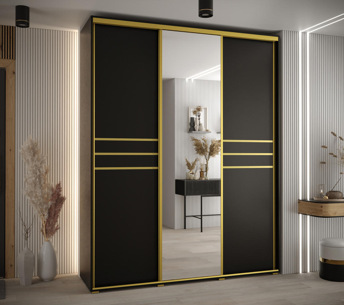 SCHWEBETÜRENSCHRANK 235,2/190/60 3-türig - Goldfarben/Schwarz, Holz/Metall (190/235/60cm) - Abiks Möbel