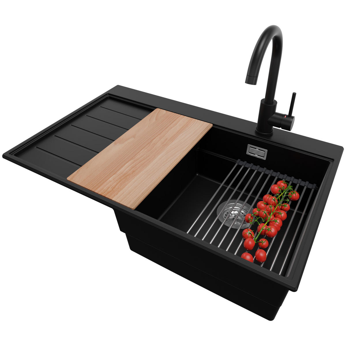 GRANITSPÜLE Sydney, 2-er set Schwarz 78/50 cm 1 Becken + Küchenarmatur 32/20 cm + Ablauf-Set + Küchenzubehörset ab 45er Unterschrank - Chromfarben/Beige, Kunststoff (78/20/50cm) - Primagran