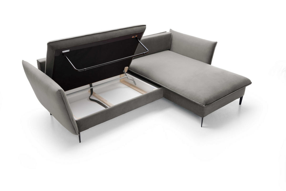 ECKSOFA SOLE Grau Plüsch-Stoff mit Schlaffunktion - Grau, Holz (258/167cm) - MASSENO