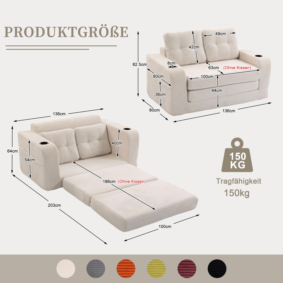 SCHLAFSOFA in Beige Cord mit Getränkehalter und Seitentaschen - Beige, Textil (136/82.5/80cm) - Oxeza