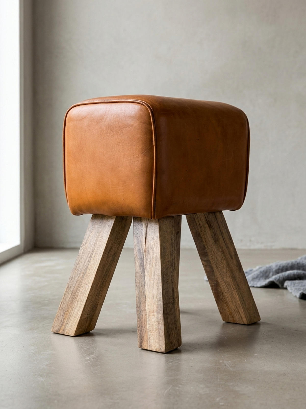 SITZHOCKER Retro Landhaus Holzbeine, Braun 40x30x47 cm - Braun, Mangoholz/Leder (40/47/30cm) - KADIMA DESIGN