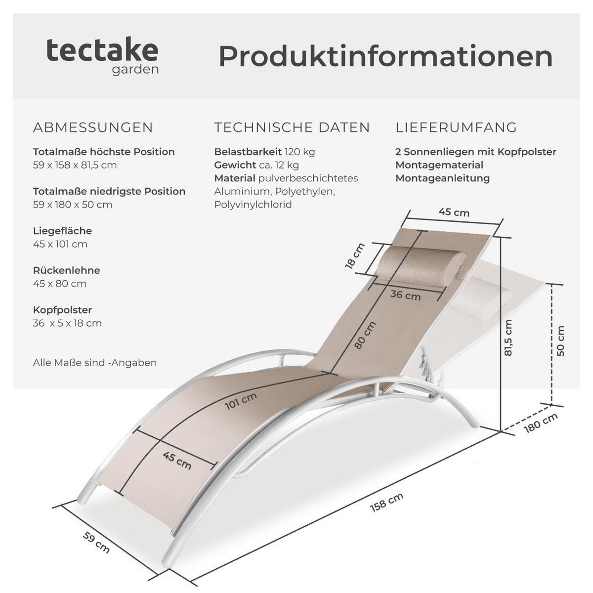 GARTENLIEGE 2er Set Alina,180 x 59 x 50 cm,beige - Beige, Kunststoff (59/81.5/180cm) - tectake