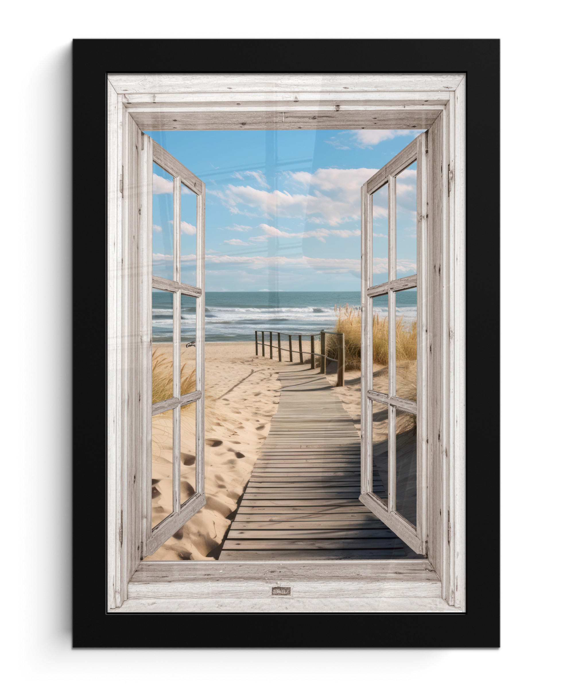 GERAHMTES BILD Fenster - Meer - Küste - Natur - Ausblick - Strand - Wattenmeer 20x30 cm - Beige, Papier (20/30cm) - MuchoWow