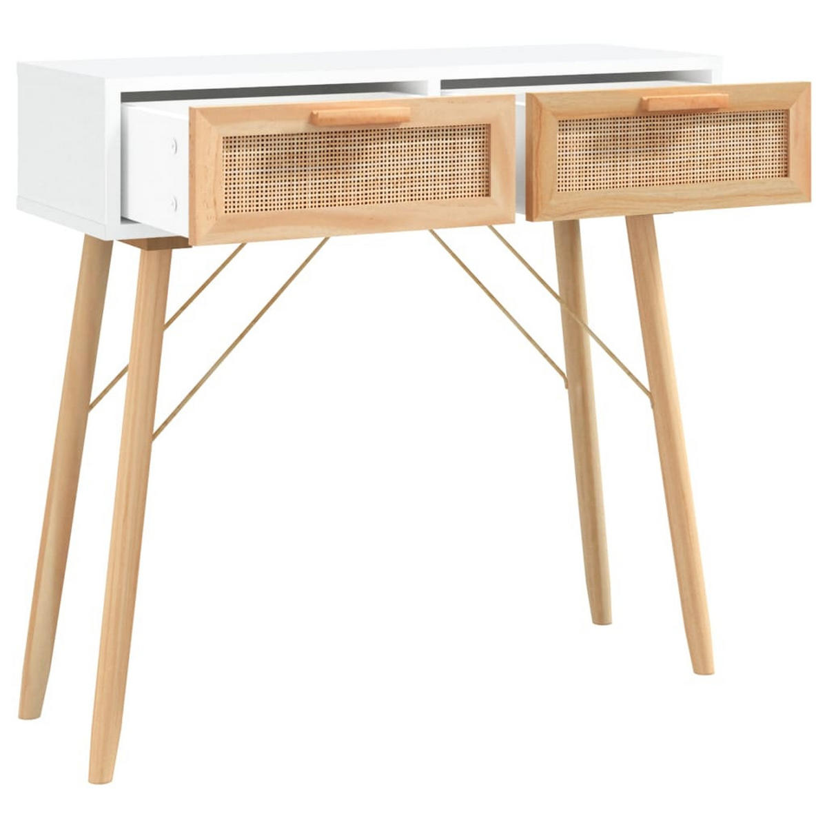 KONSOLENTISCH Weiß 80/30/75 Cm Massivholz Kiefer Natur-Rattan - Braun/Weiß, Holz (80/30/75cm) - vidaXL