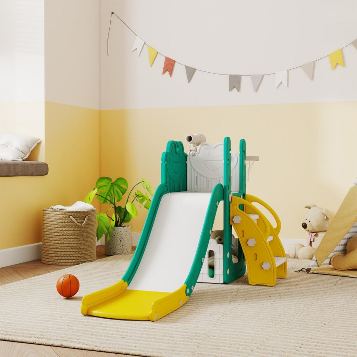 KINDERRUTSCHE 5-in-1 und Basketballkorb Kunststoff Gelb/Grün - Gelb, Kunststoff (70/86/178cm) - Korfee