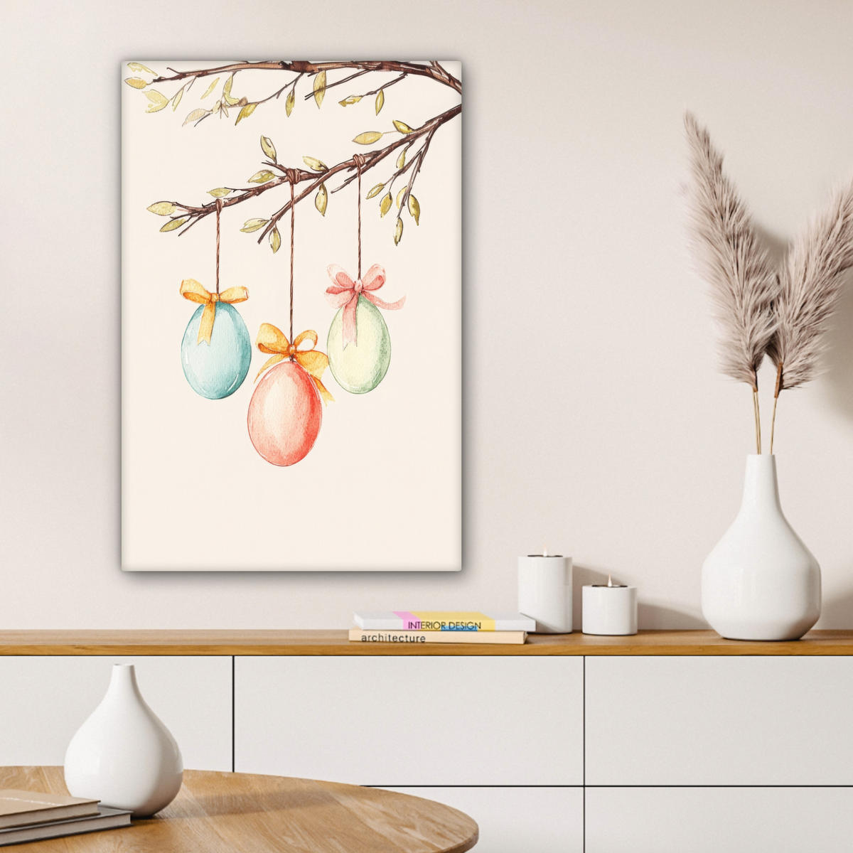 LEINWANDBILD Osterkuchen - Schleife - Eier Wanddeko Schlafzimmer 60x90 cm - Creme, Textil (60/90cm) - MuchoWow