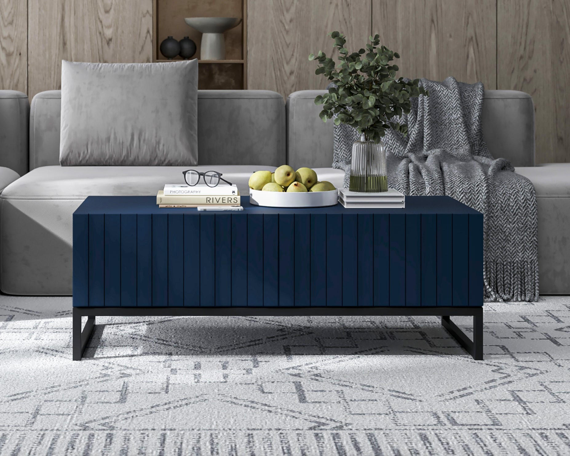 COUCHTISCH Elpis Marineblau matt Glamour 110 cm - Blau/Schwarz, Holzwerkstoff/Metall (54/110/39cm) - Meble Lindner