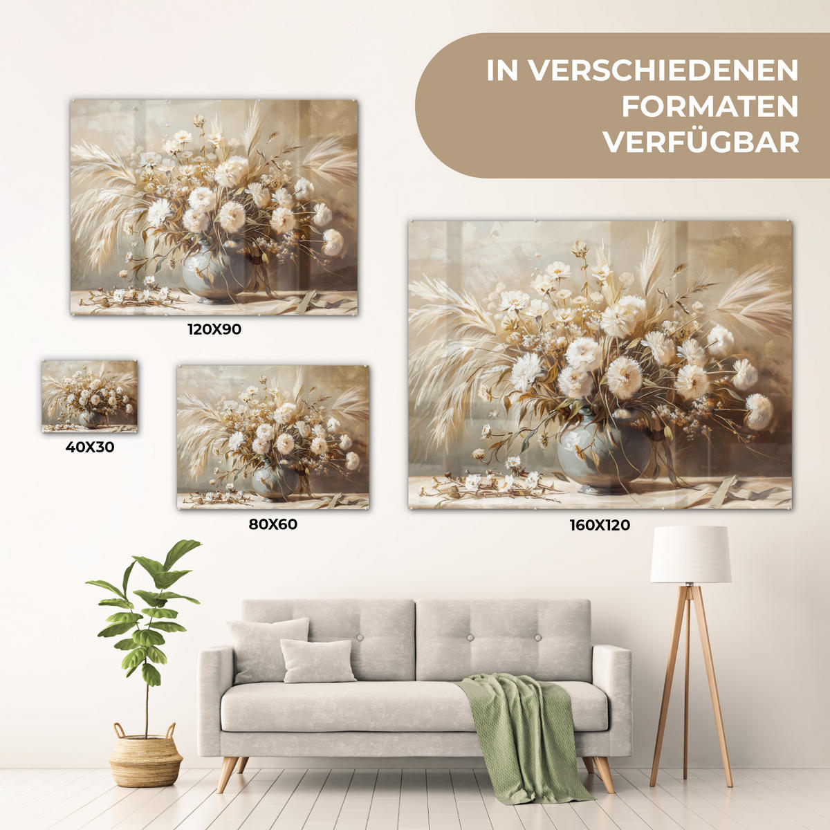 ACRYLGLASBILD Blumen - Vase - Stilleben - Beige 80x60 cm - Creme, Glas (80/60cm) - MuchoWow