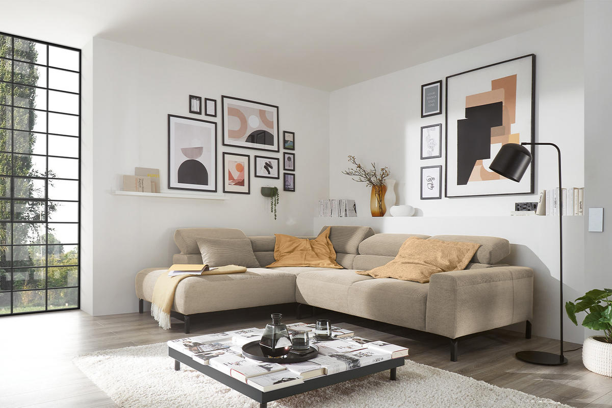 ECKSOFA MIT MOTORISCHEM SITZVORZUG DELIA Beige Cord - Beige/Schwarz, Textil/Metall (276/219cm) - KAWOLA