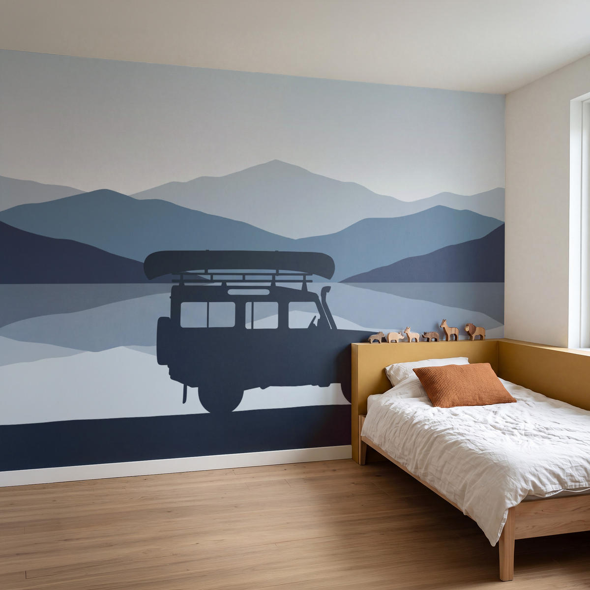 KINDERTAPETE - Auto - See - Berge - Blau - 350x220 cm - Blaugrau, Papier (350/220cm) - OnlyWow