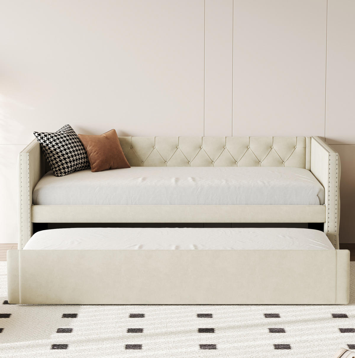 POLSTERBETT Schlafsofa 90/200 cm ausziehbar mit Lattenrost und Samtbezug, Beige - Beige, Textil (90/200cm) - Redom
