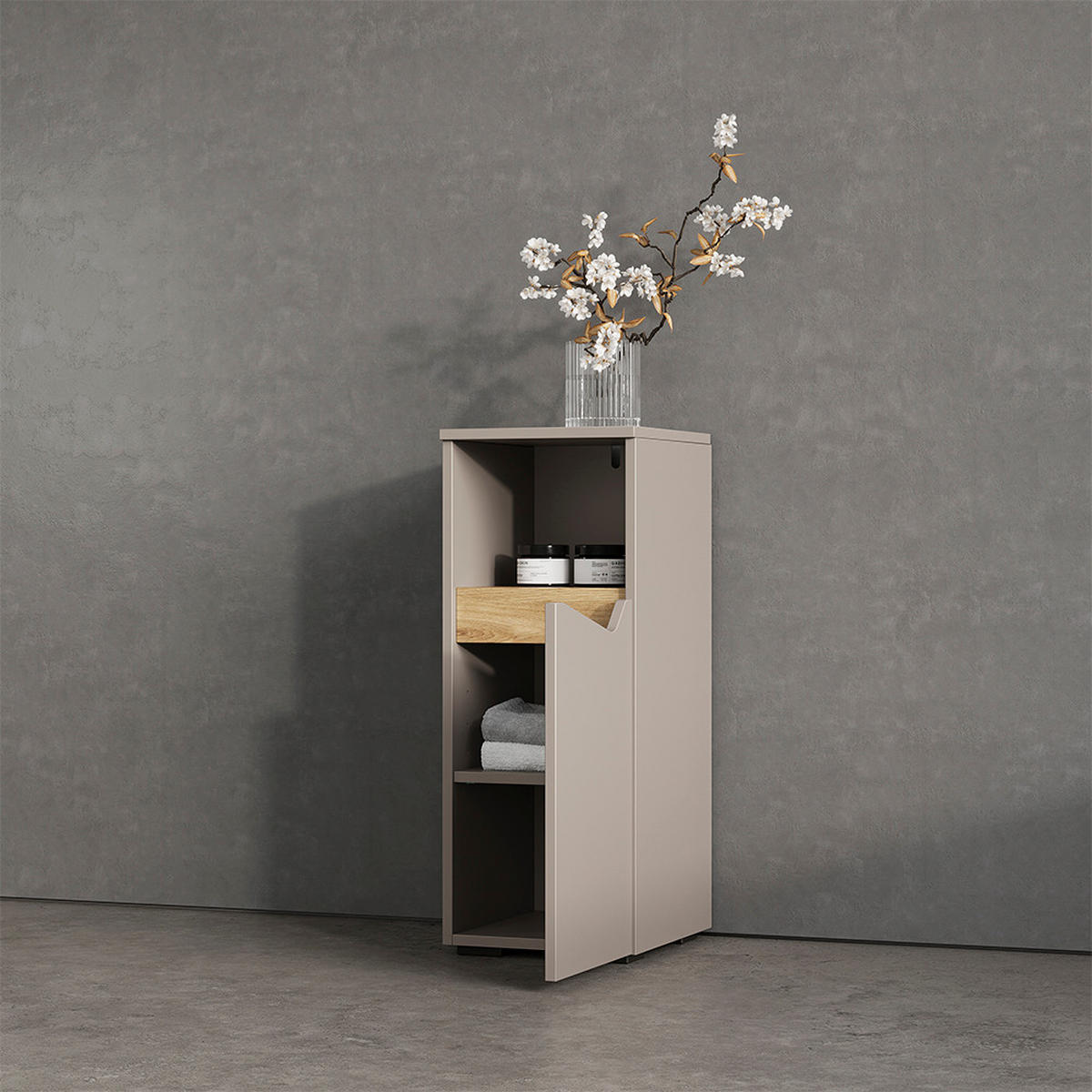 MIDISCHRANK Timavo Greige 30 x 74.5 cm mit Tür und offenem Fach - Greige, Holzwerkstoff (30/74.5/35cm) - Livinity®