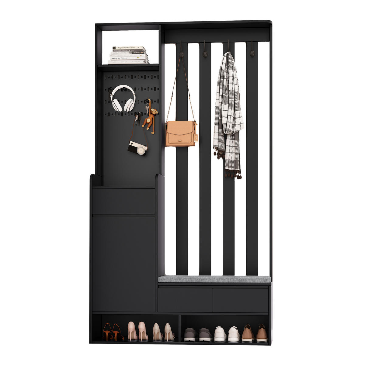 FLURGARDEROBE 100/35/180 cm aus MDF mit Sitzbank und Stecktafel Schwarz - Schwarz, Holzwerkstoff (100/180/35cm) - Modenvie