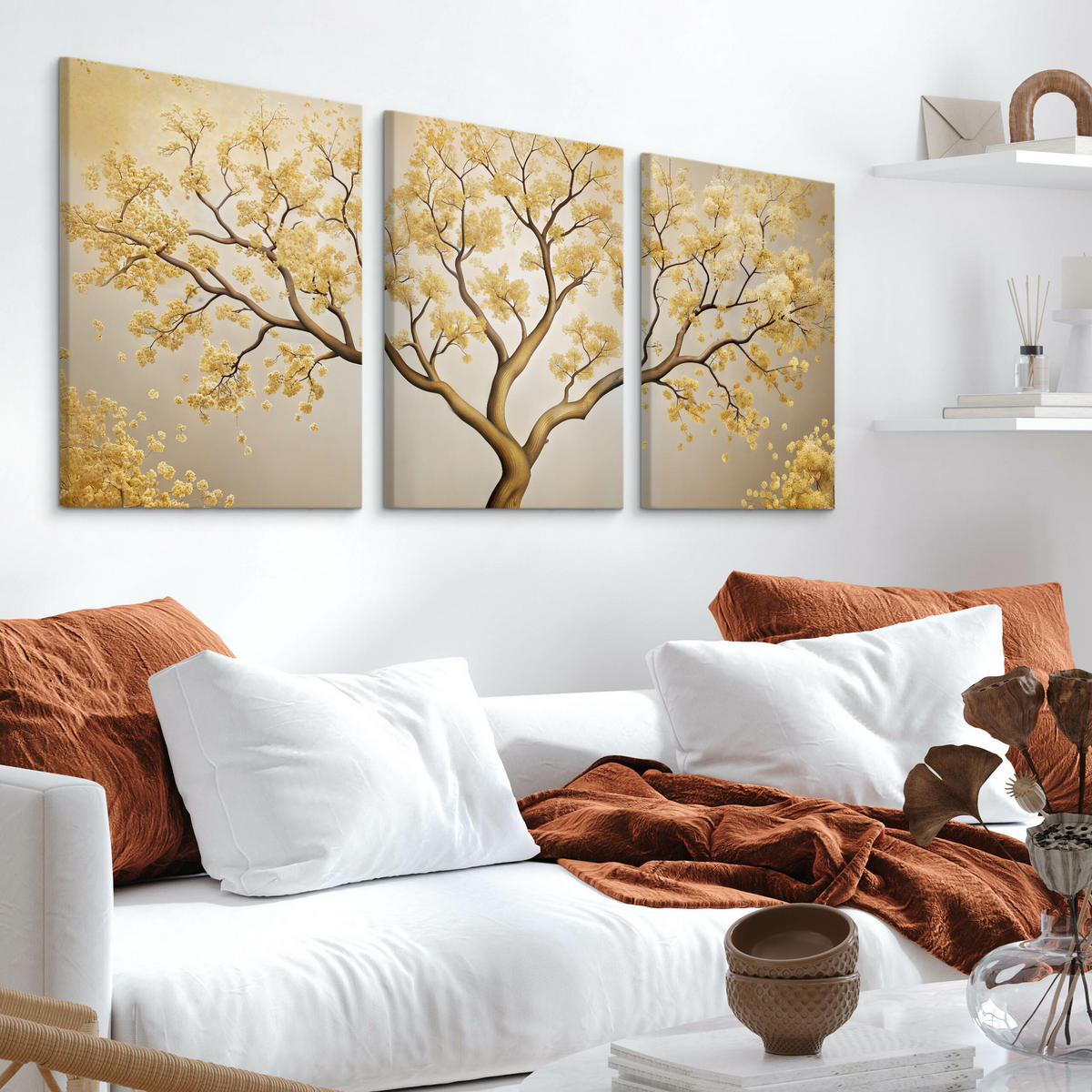 LEINWANDBILDER 3-es Set Baum Blumen - Beige/Weiß, Textil (90/40cm) - Muralo