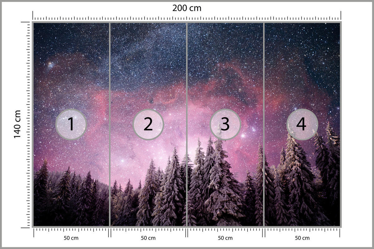 FOTOTAPETE für Schlafzimmer Verzauberter Tannenwald Winter Aurora 200x140 - Violett/Schwarz, Papier (200/140cm) - Muralo