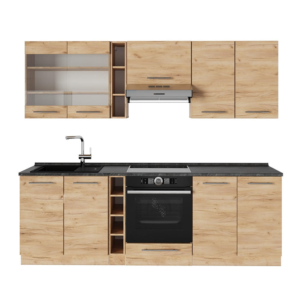 KÜCHENZEILE Fame-Line Goldkraft Eiche 235 cm , AP Anthrazit - Honigeiche, Holzwerkstoff (235/81.6/60cm) - Vicco