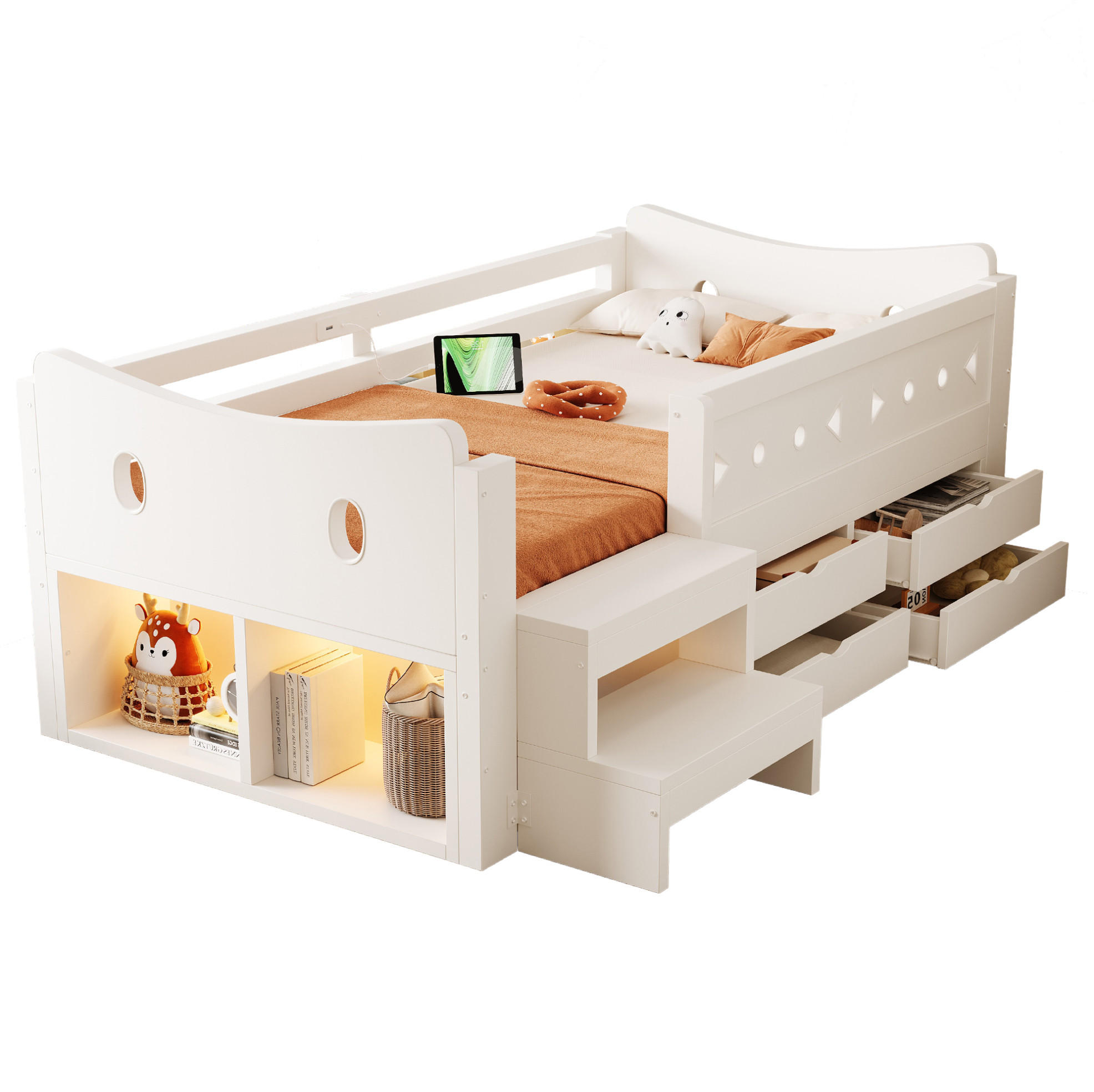 KINDERBETT Holz 90x200 cm Weiß mit Stauraum, Sicherheitsgittern, LED, USB- und Typ-C-Anschluss - Weiß, Holz (90/200cm) - Modfu