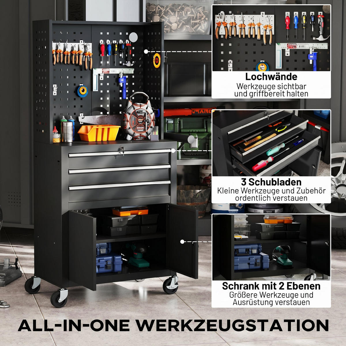 WERKZEUGSCHRANK 80 Schwarz - Schwarz, Metall (33/133/69cm) - HOMCOM