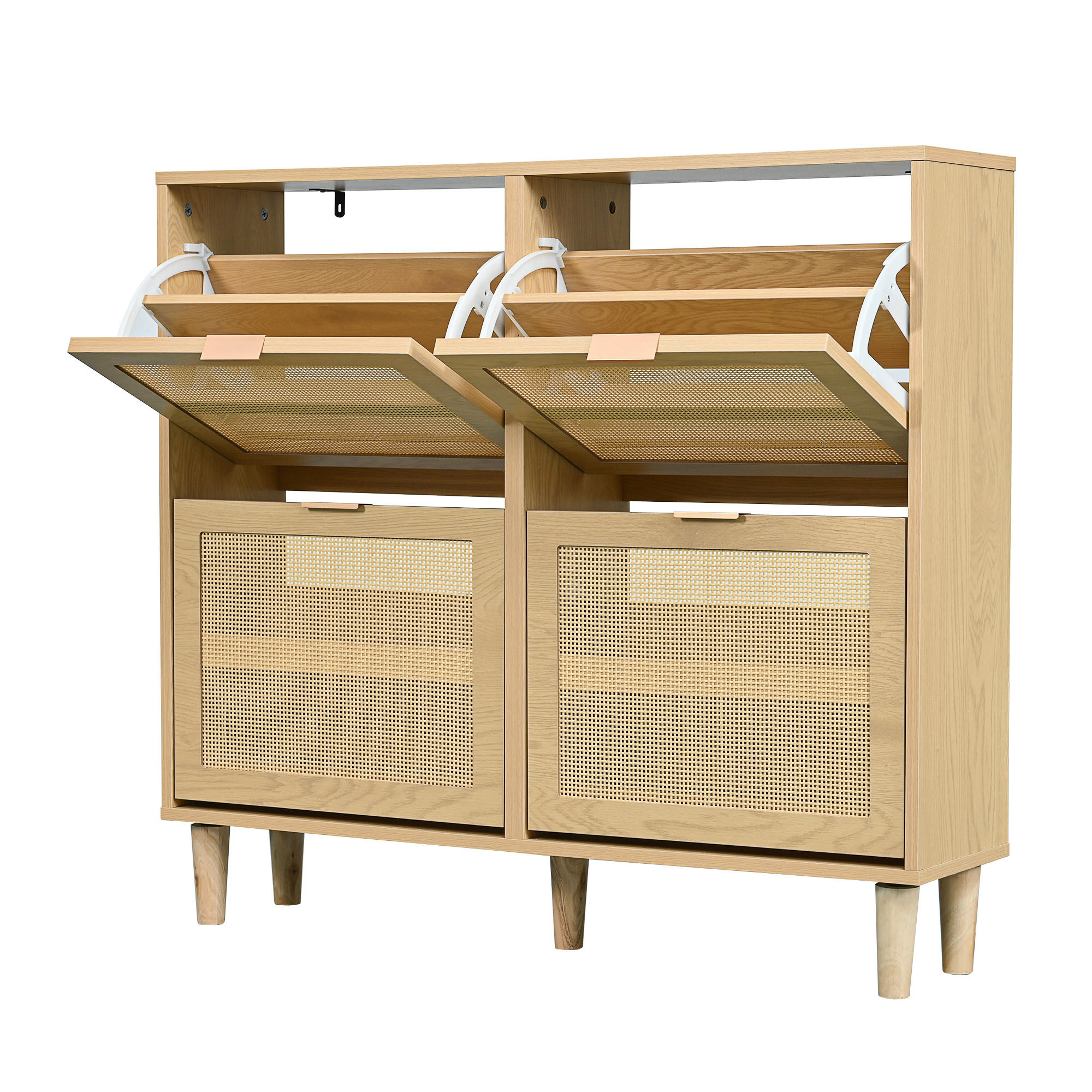 SCHUHSCHRANK Rattan 4 Klappen Landhausstil 100x25x90cm - Eichefarben, Holzwerkstoff (25/90/100cm) - FLIEKS