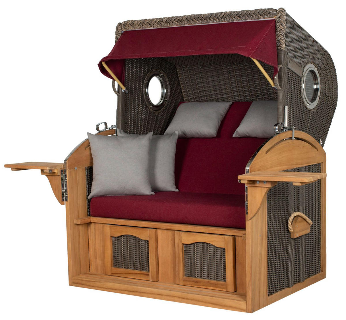 STRANDKORB Komplettset: Borkum XL Teak Bullauge - PE grau - Modell 594 - Rot/Grau, Holz/Kunststoff (142/170/95cm) - bene living