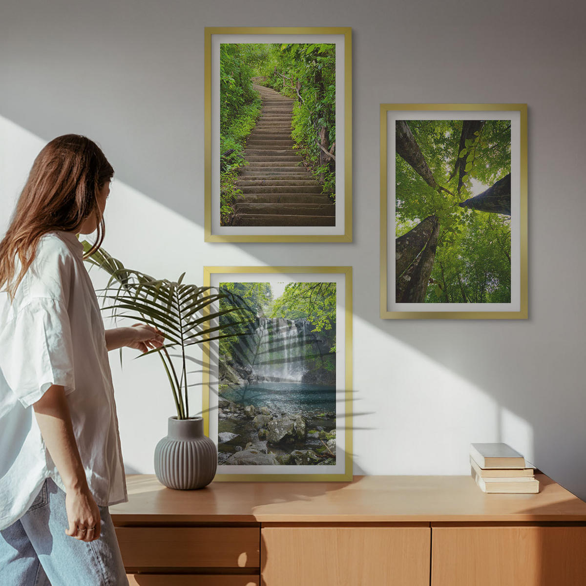 BILDER SET 3er Set - 40x60 cm Goldrahmen - Pfad Wald Wasserfall Vegetation - Goldfarben, Kunststoff (40/60cm) - TULUP