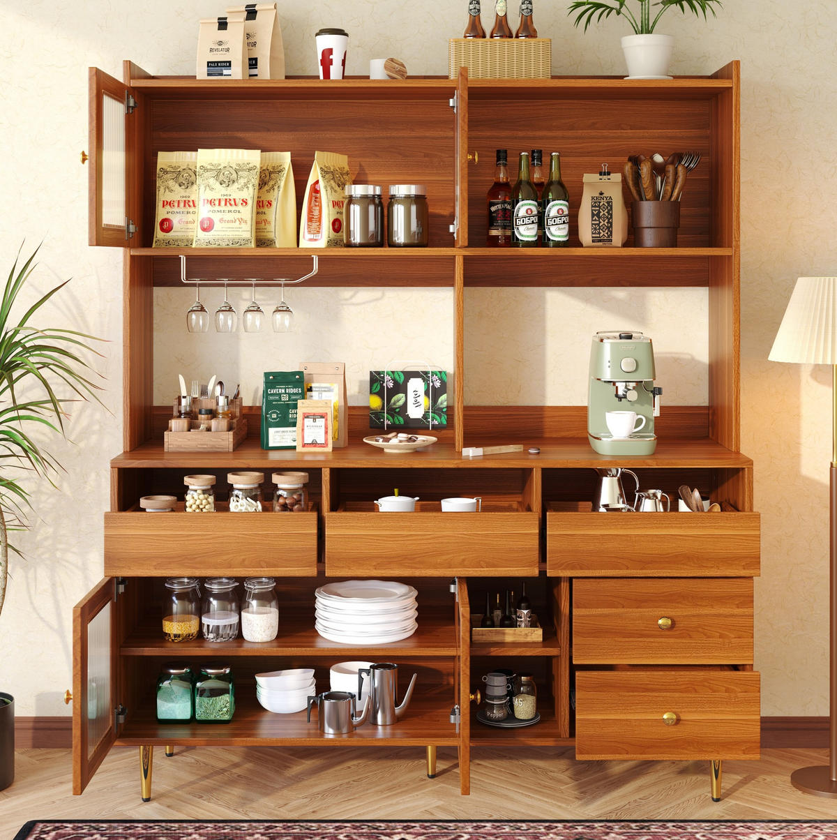 HOCHSCHRANK aus MDF in Walnussbraun mit Changhong-Glastür und Weinregal, 145/39/171 cm, Walnussbraun - Walnussfarben, Holzwerkstoff (39/171/145cm) - Redom