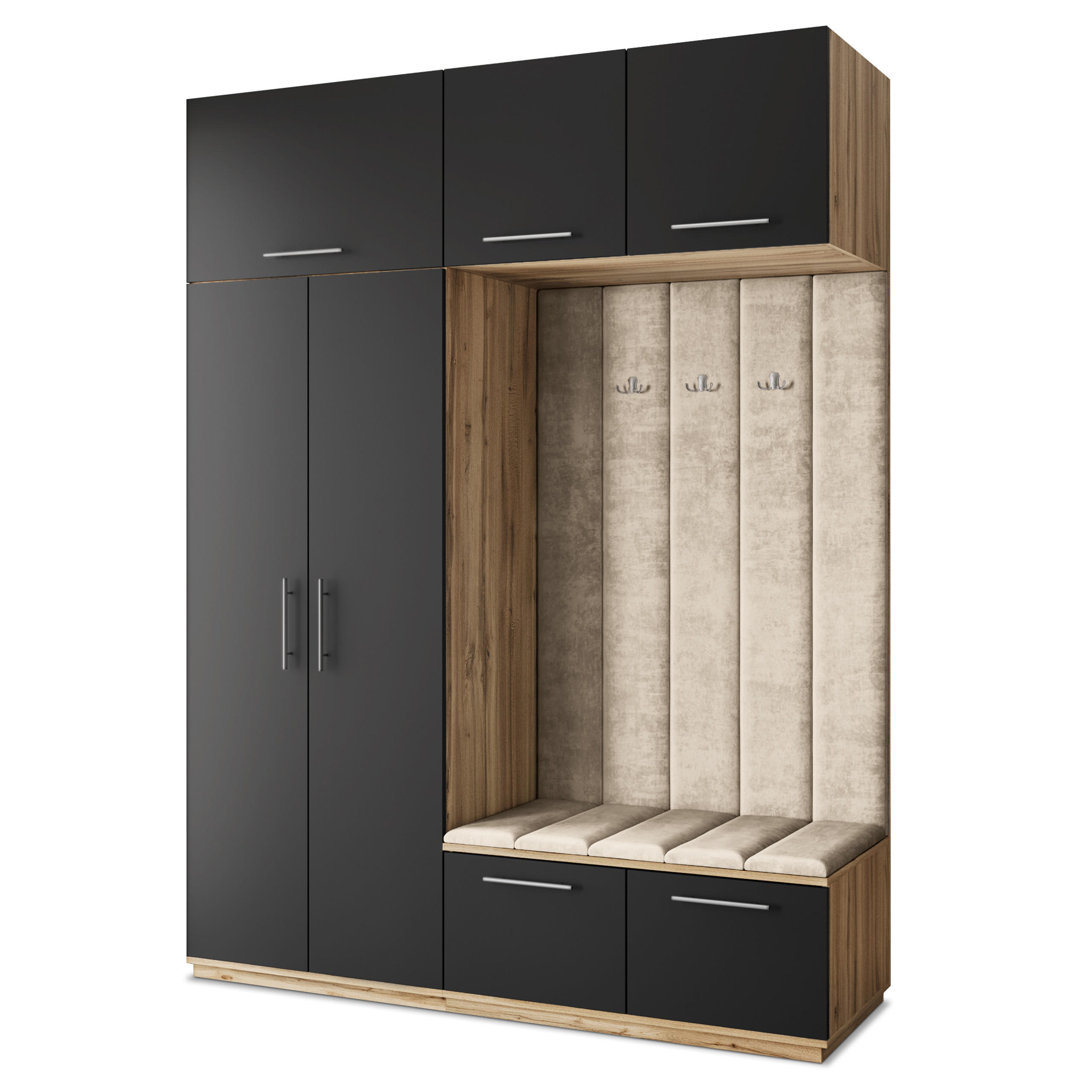 Masseno Garderobenschrank Eiche Wotan, Schwarz, Beige 180x240x60 cm