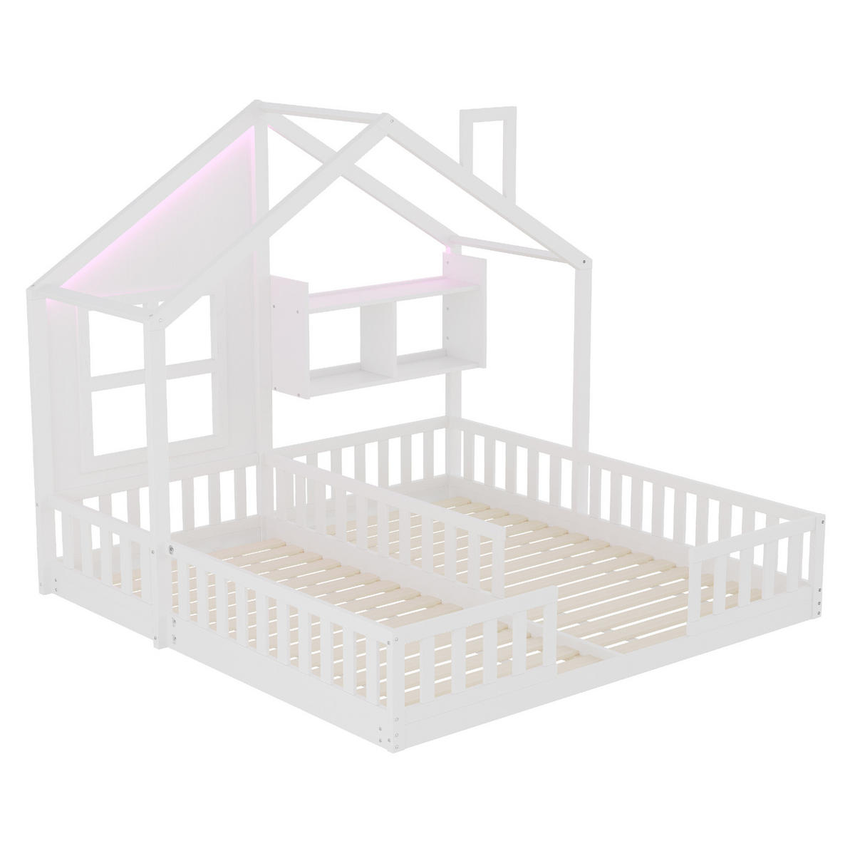 HAUSBETT 90/200 cm weiß aus Massivholz mit LED und Stauraum - Weiß, Holz (90/200cm) - OKWISH