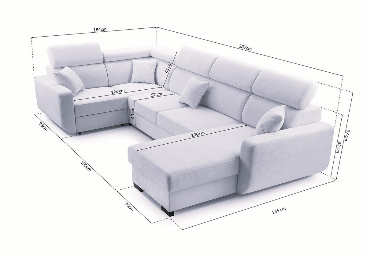 WOHNLANDSCHAFT CASTELLO Grün Plüsch-Stoff mit Schlaffunktion - Grün, Holz (337/97/184cm) - MASSENO